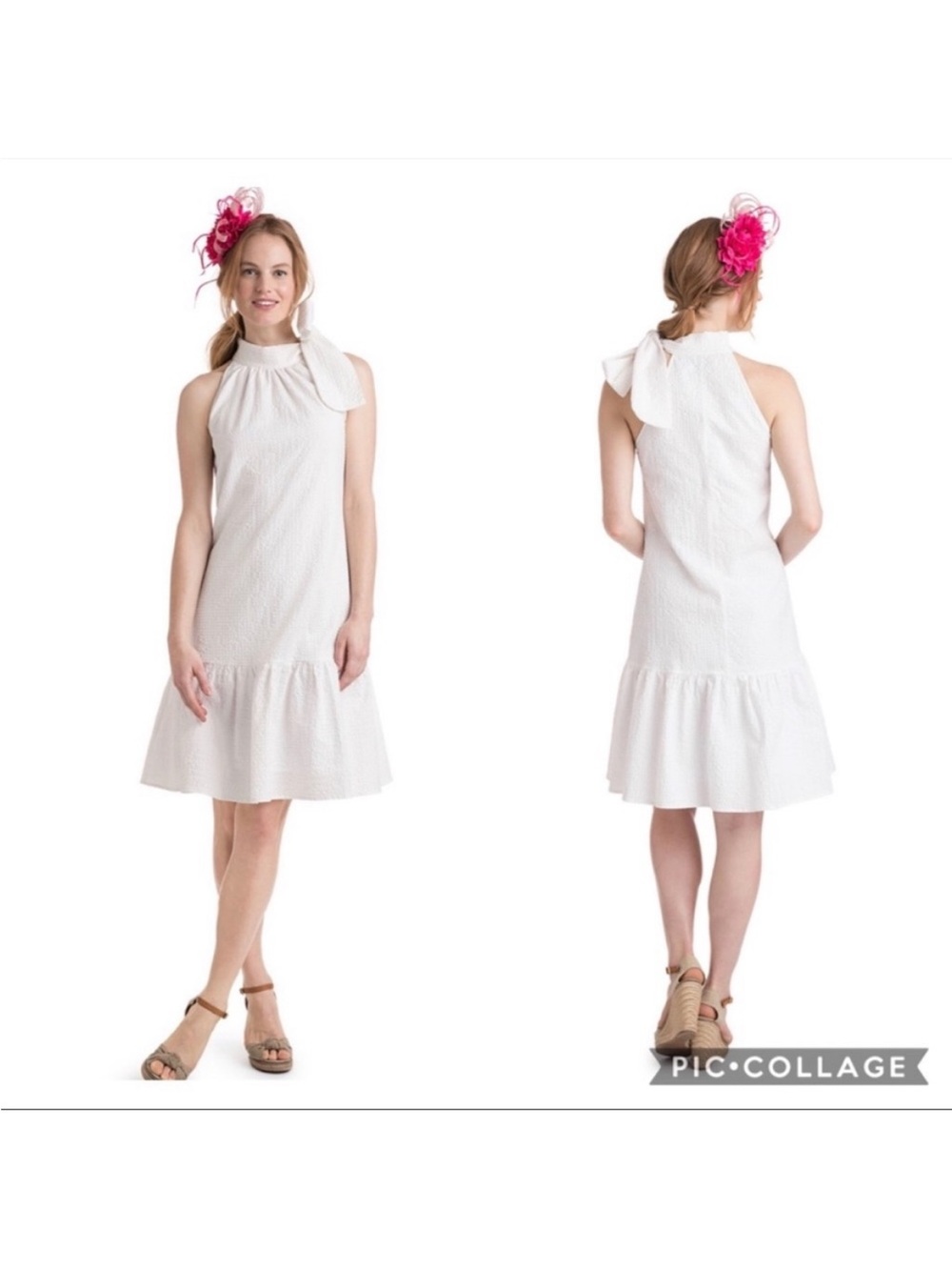 NWT Vineyard Vines Seersucker Flounce Tie Neck Dress in White